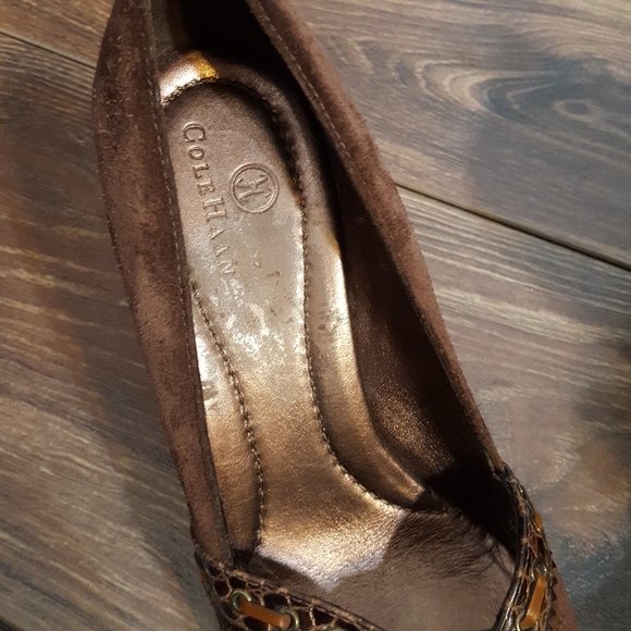 Cole Haan Brown Leather Suede Peep Toe Wedge - Picture 6 of 8